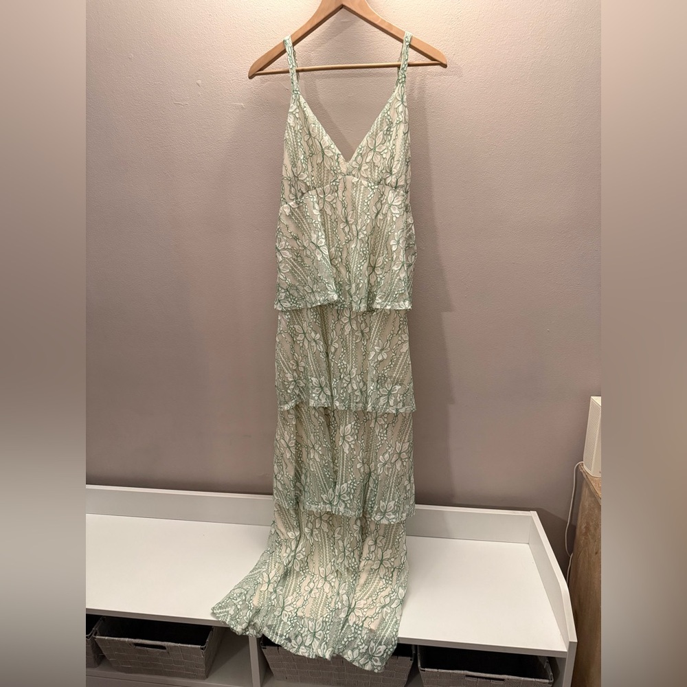 Sugar Lips Green Cream Floral Lace Tiered Maxi Dress V-Neck Size M
